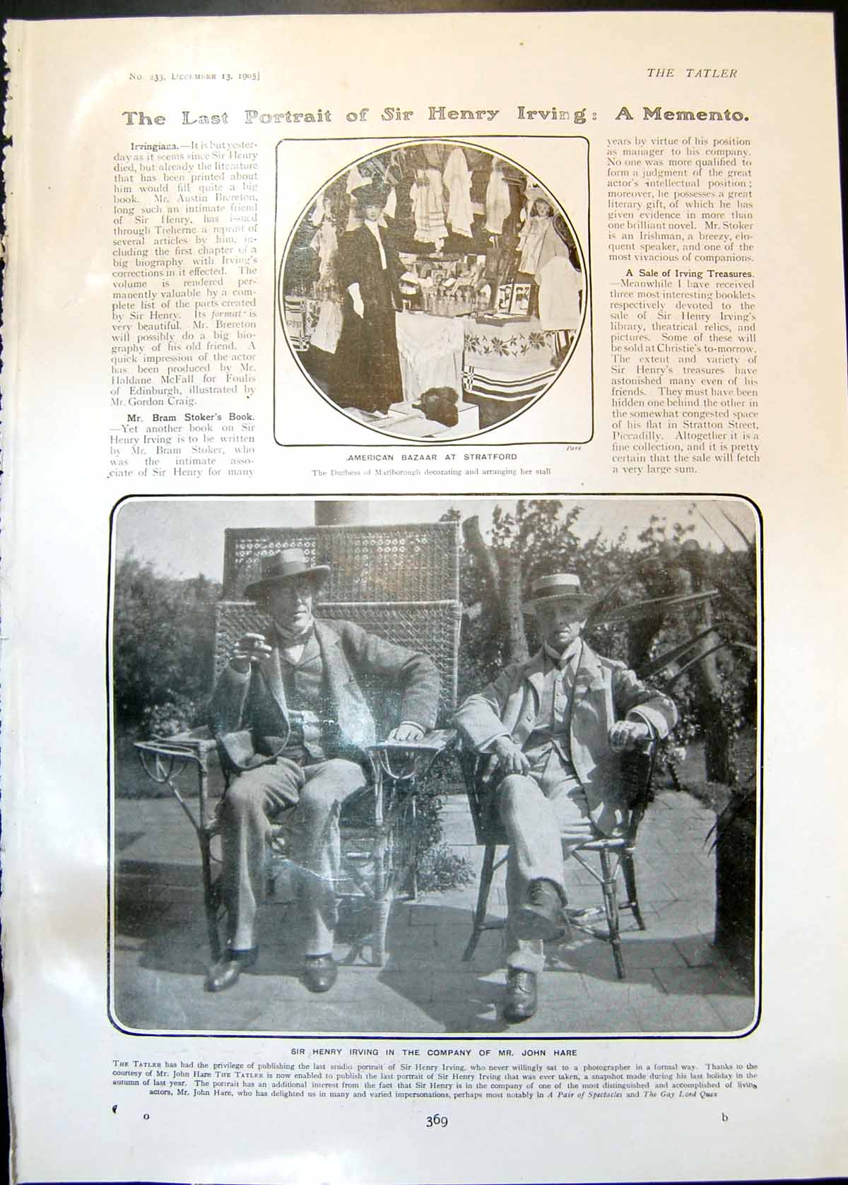 Old Print Henry Irving John Hare Bazaar Stratford Ada Blanche Biddy 1905 20th
