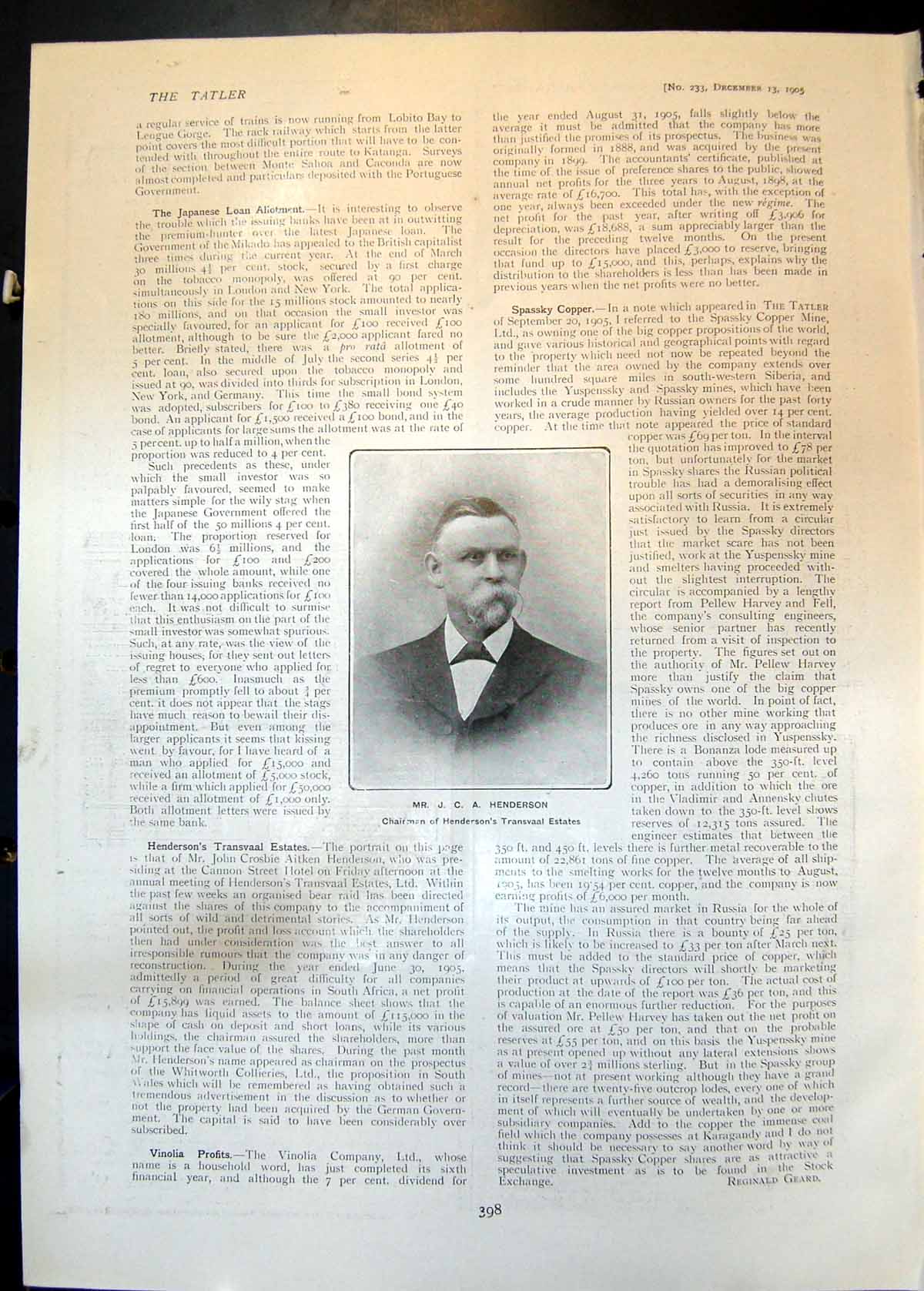 Antique Print Mr J C A Henderson Chairman Hendersons Transvaal Estates 1905