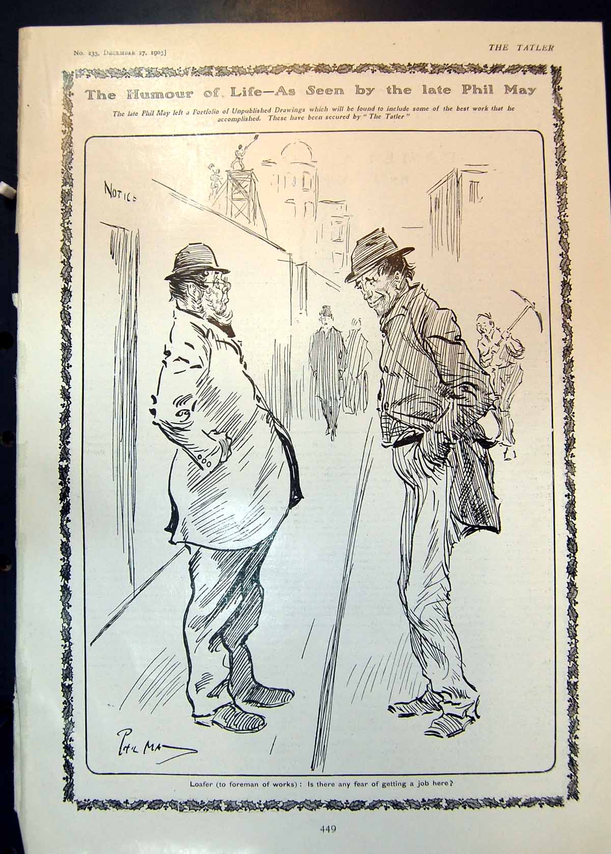 Antique Old Print Humour Life Phil May Loafer Looking Job Foreman Works 1905