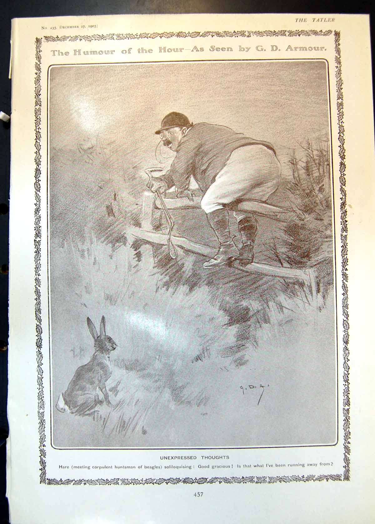 Old Print Humour Hare Huntsman Fence Earlier Age Christmas Greeting 1905 20th