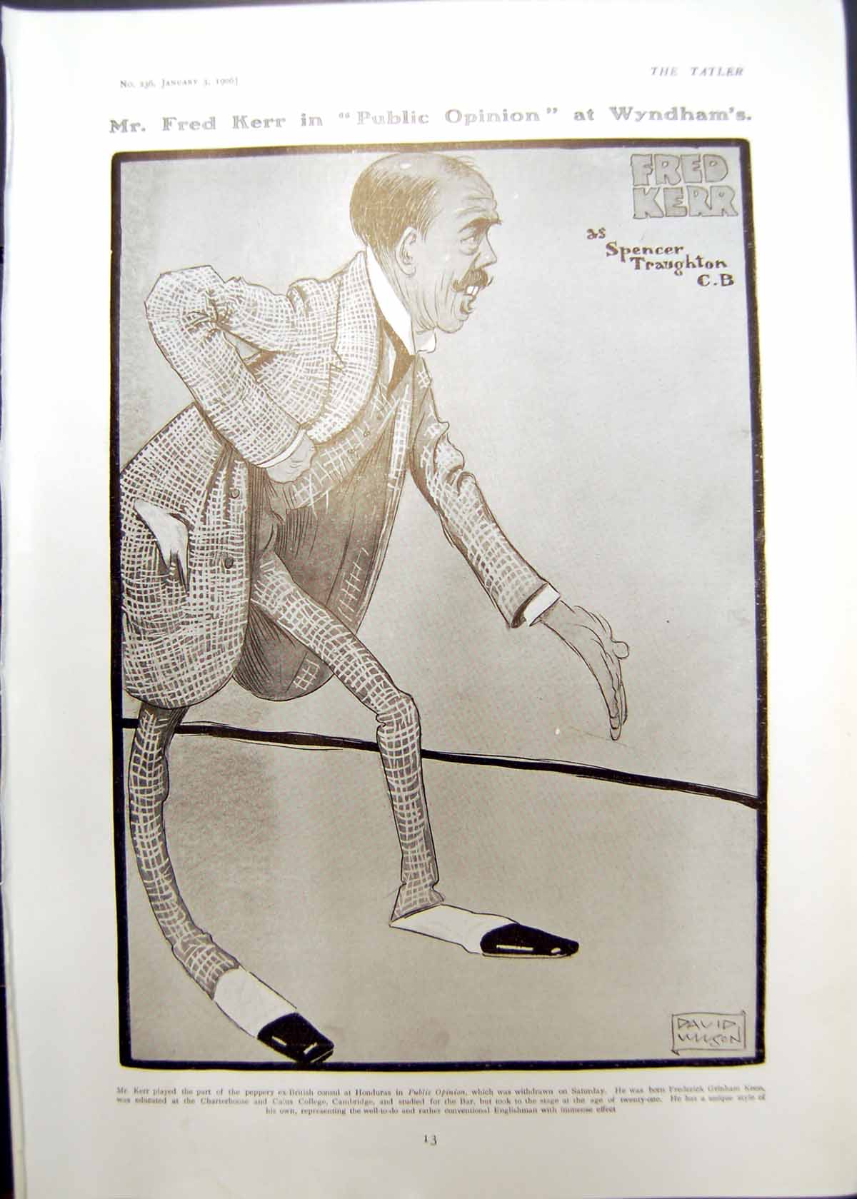 Old Print Mr Fred Kerr Public Opinion Wyndhams Theatre David Wilson 1906 20th