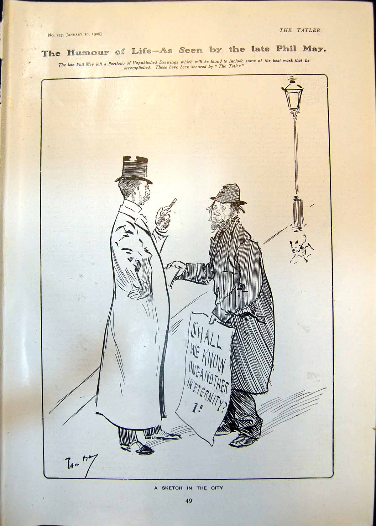 Antique Old Print Humour Hour Phil May Sketch City Lady Canvasser Smith 1906