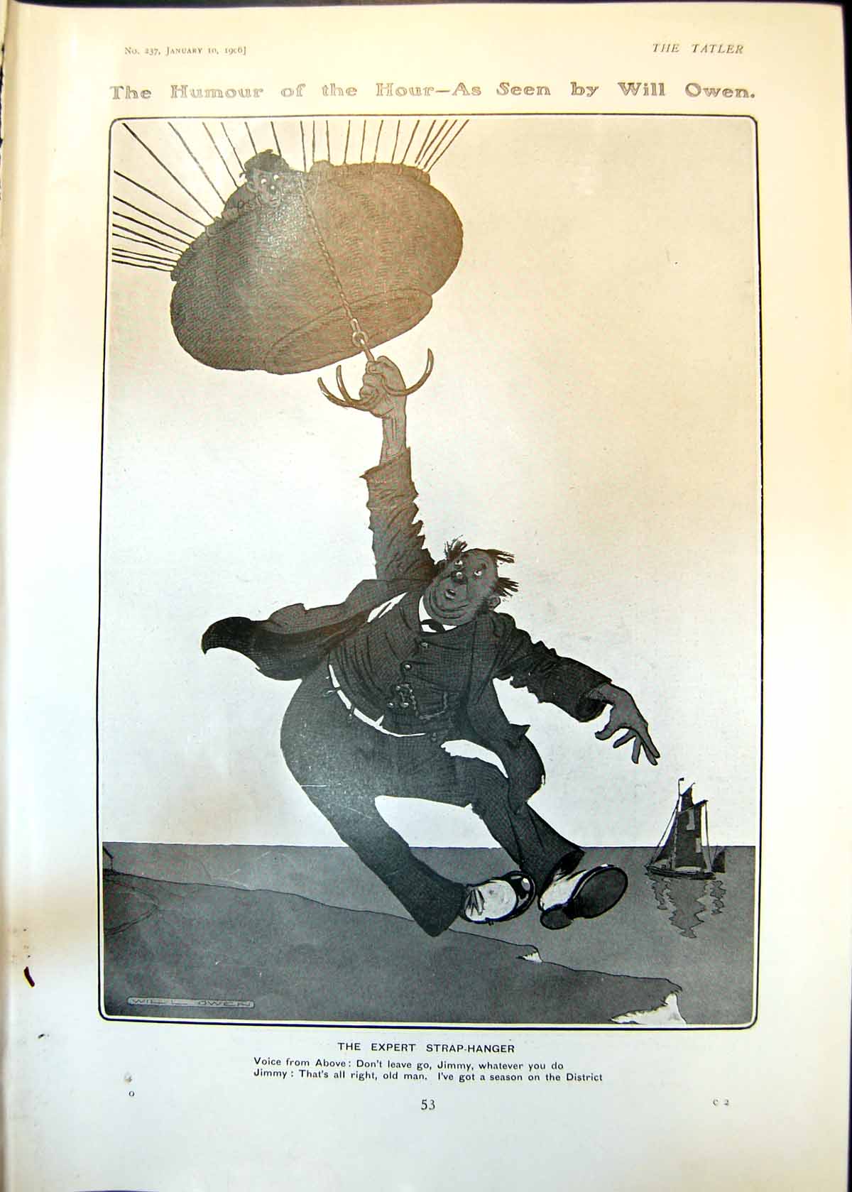 Old Print Humour Will Owen Expert Strap Hanger Long Lawrence Samuel 1906 20th
