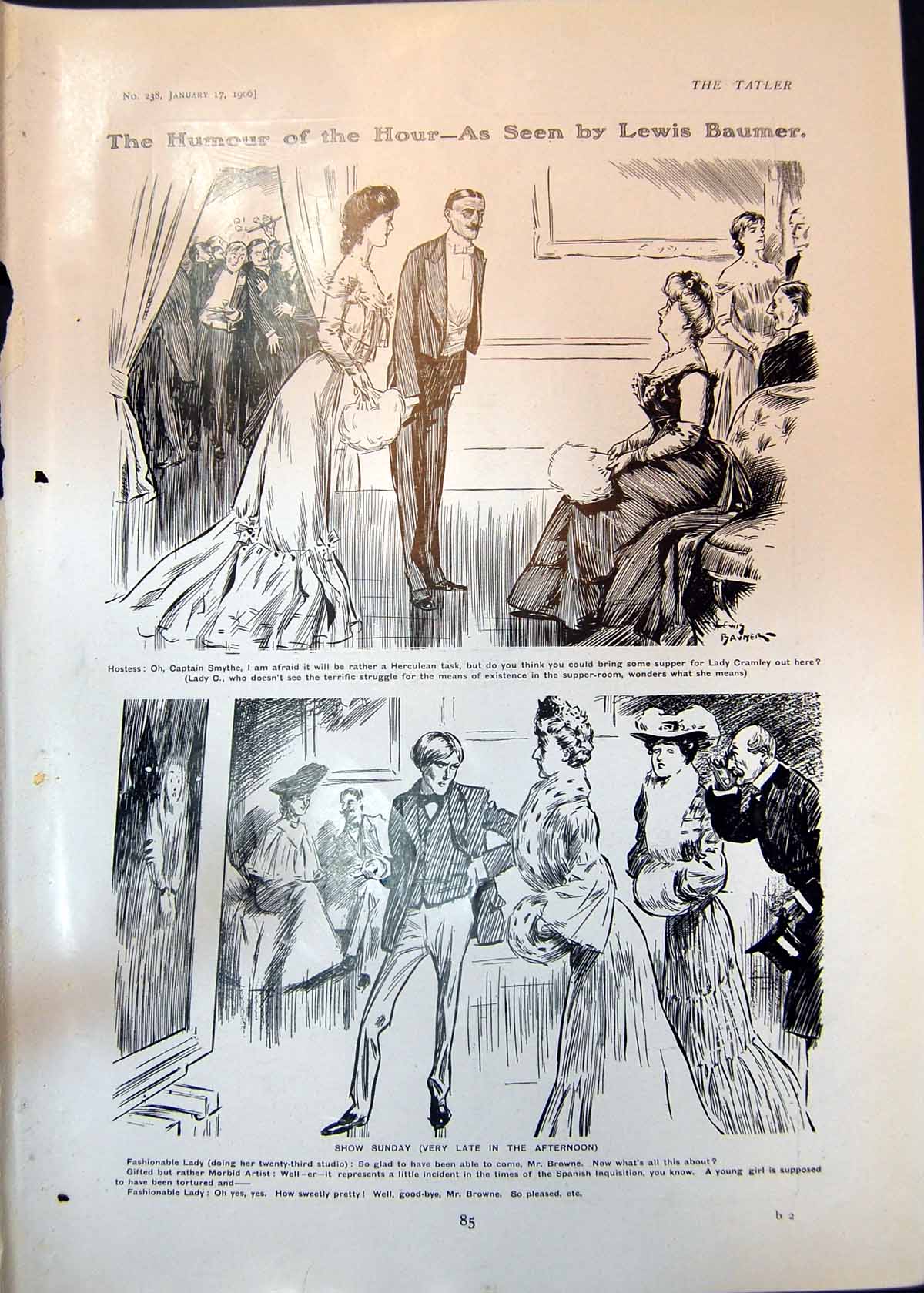Old Print Humour Hour Lewis Baumer Show Sunday A Hartrick His Answer 1906 20th