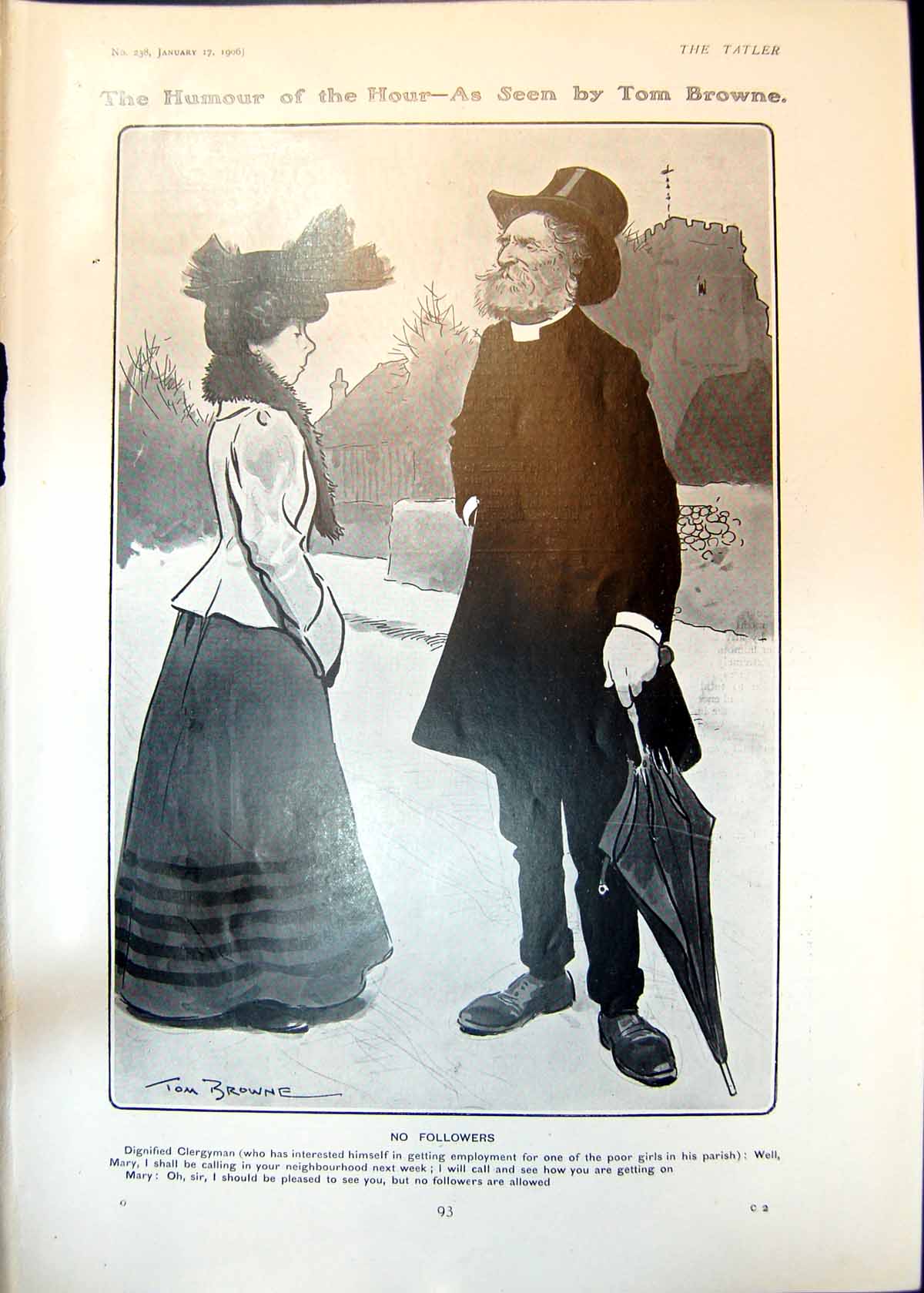 Antique Print Humour Hour Tom Browne No Followers Clergman Outside Cri 1906