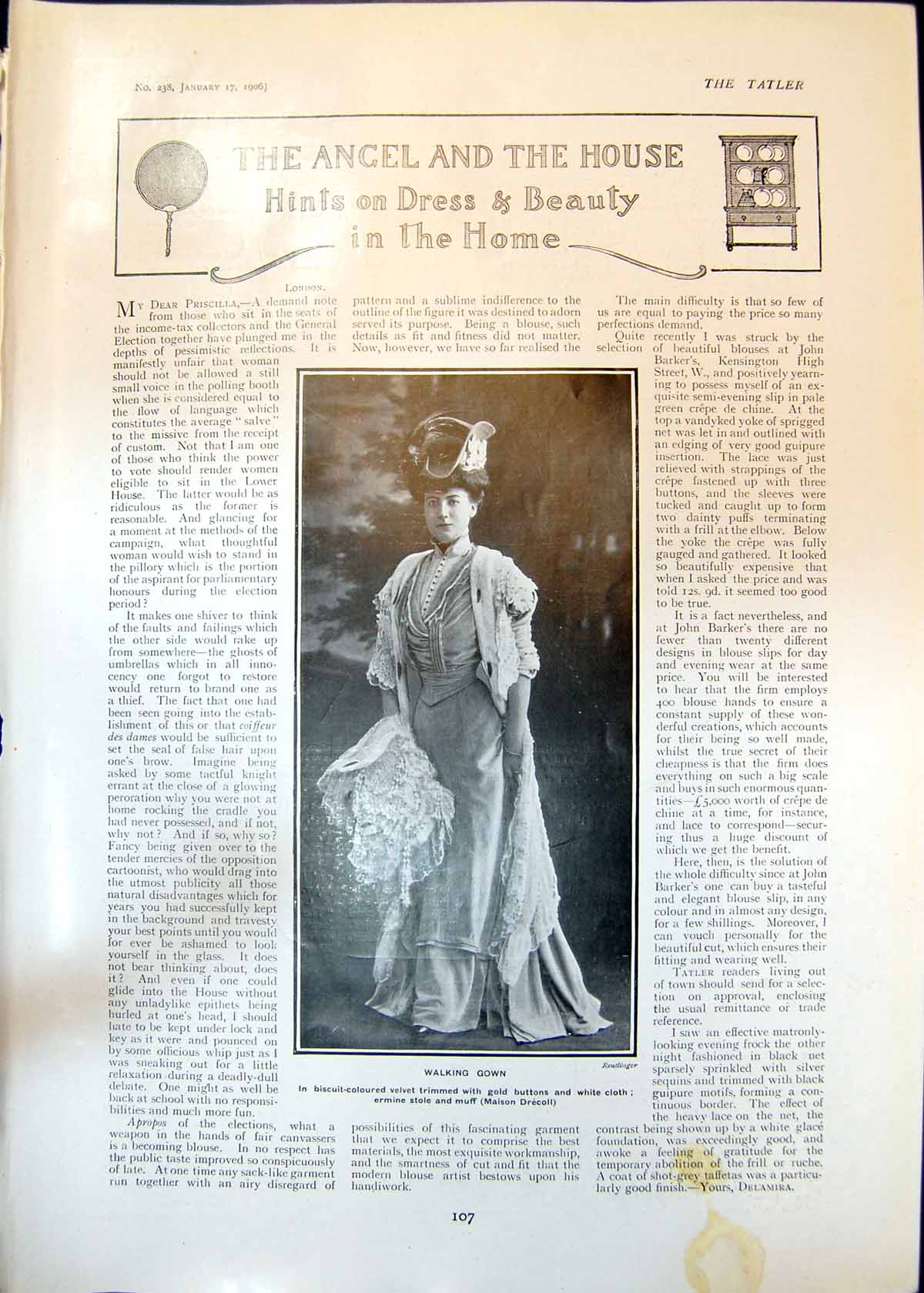 Antique Old Print Walking Gown Velvet Ermine Stole Muff Strategy Problem 1906