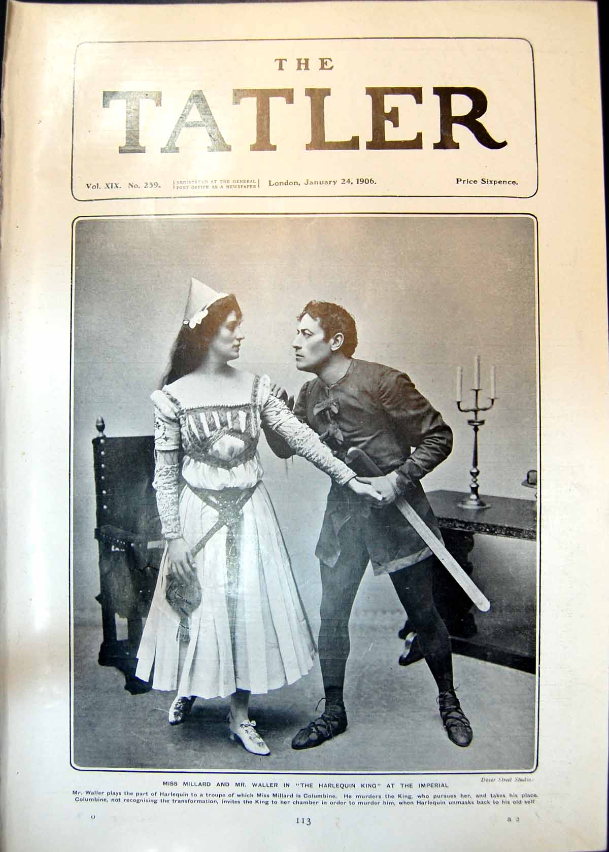 Antique Old Print Miss Millard Mr Waller Harlequin King Imperial Theatre 1906