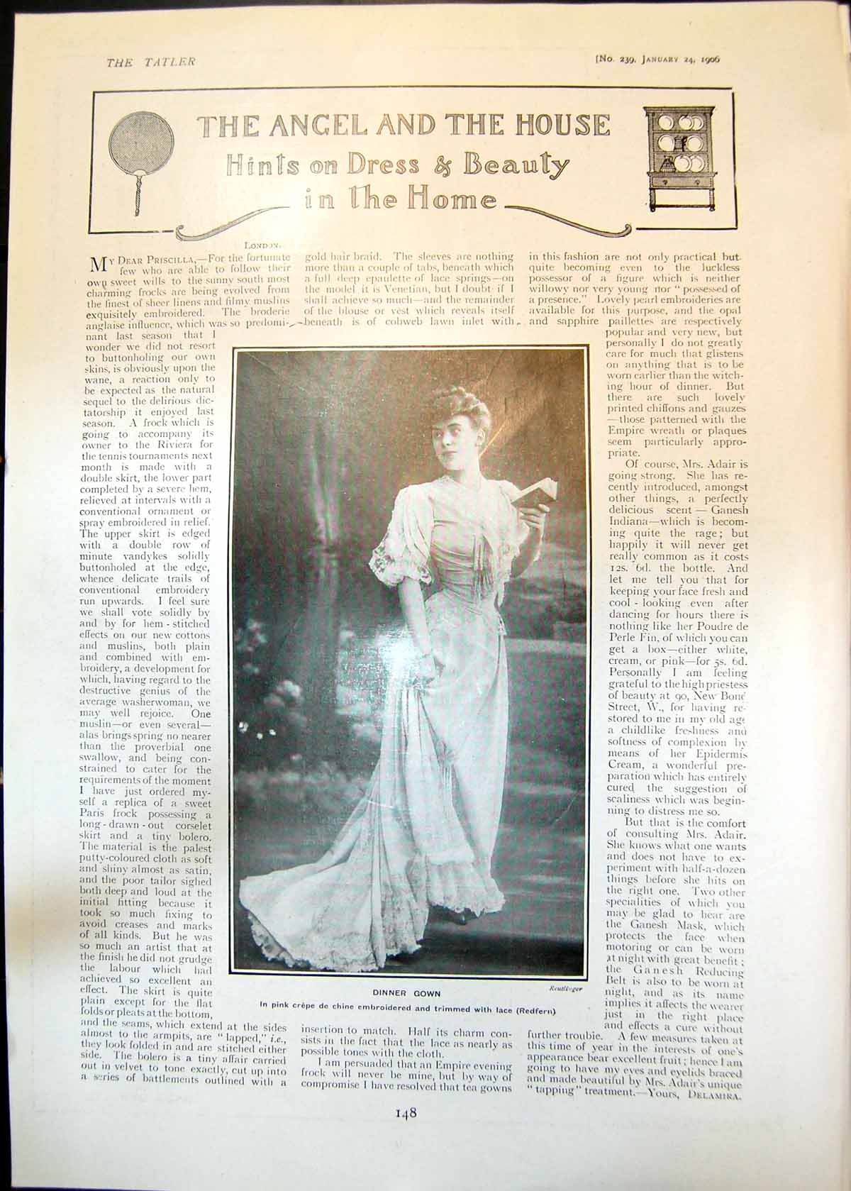 Old Antique Print Dinner Gown Pink Crepe De Chine Strategy Problem 1906 20th