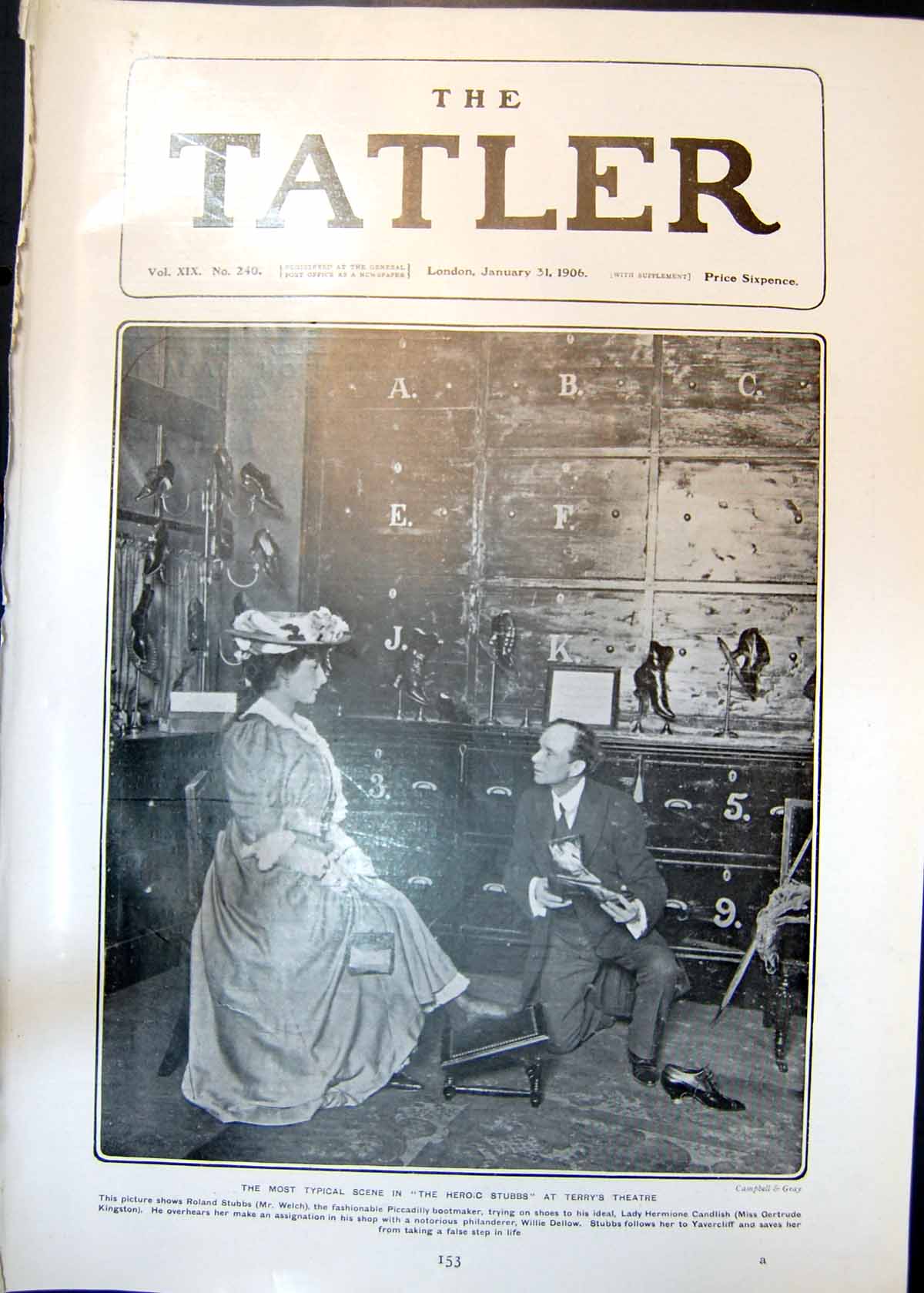 Old Print Heroic Stubbs Terrys Theatre Welch Bootmaker Trying Shoes 1906 20th