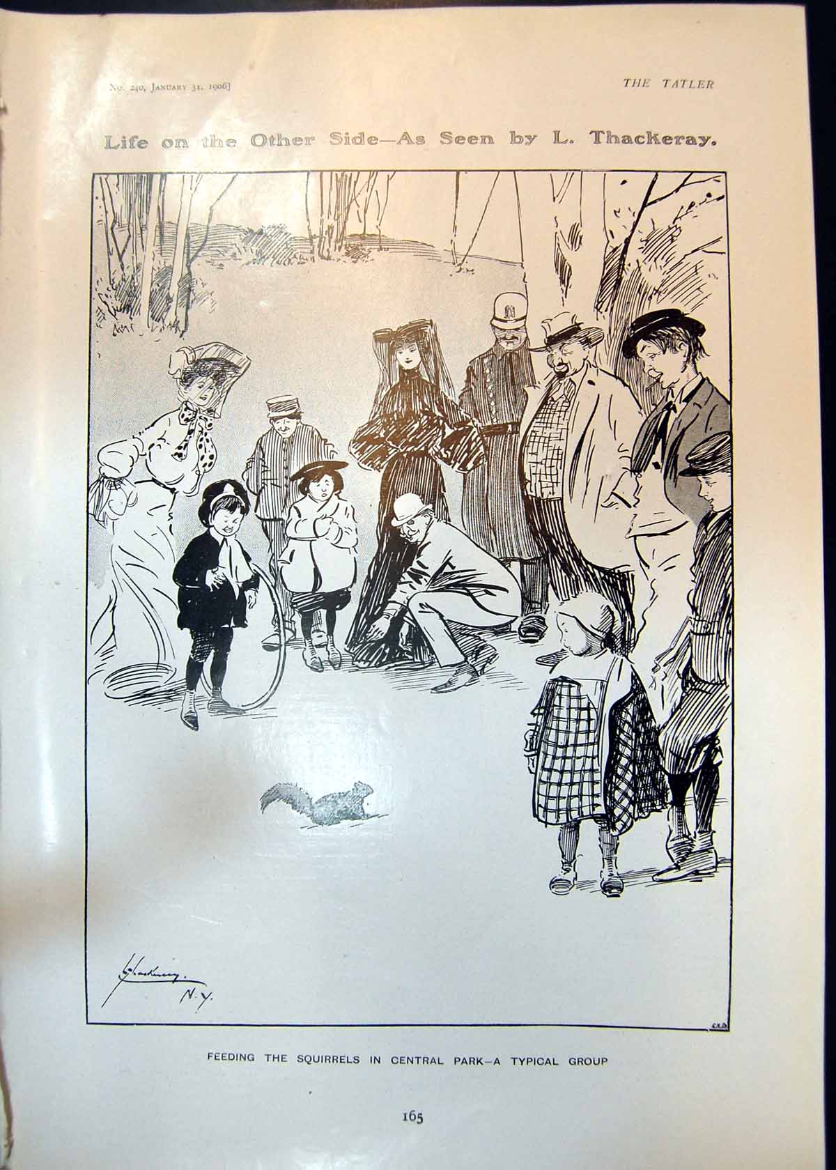 Old Print Life Other Side L Thackeray Feeding Squirrels Central Park 1906 20th