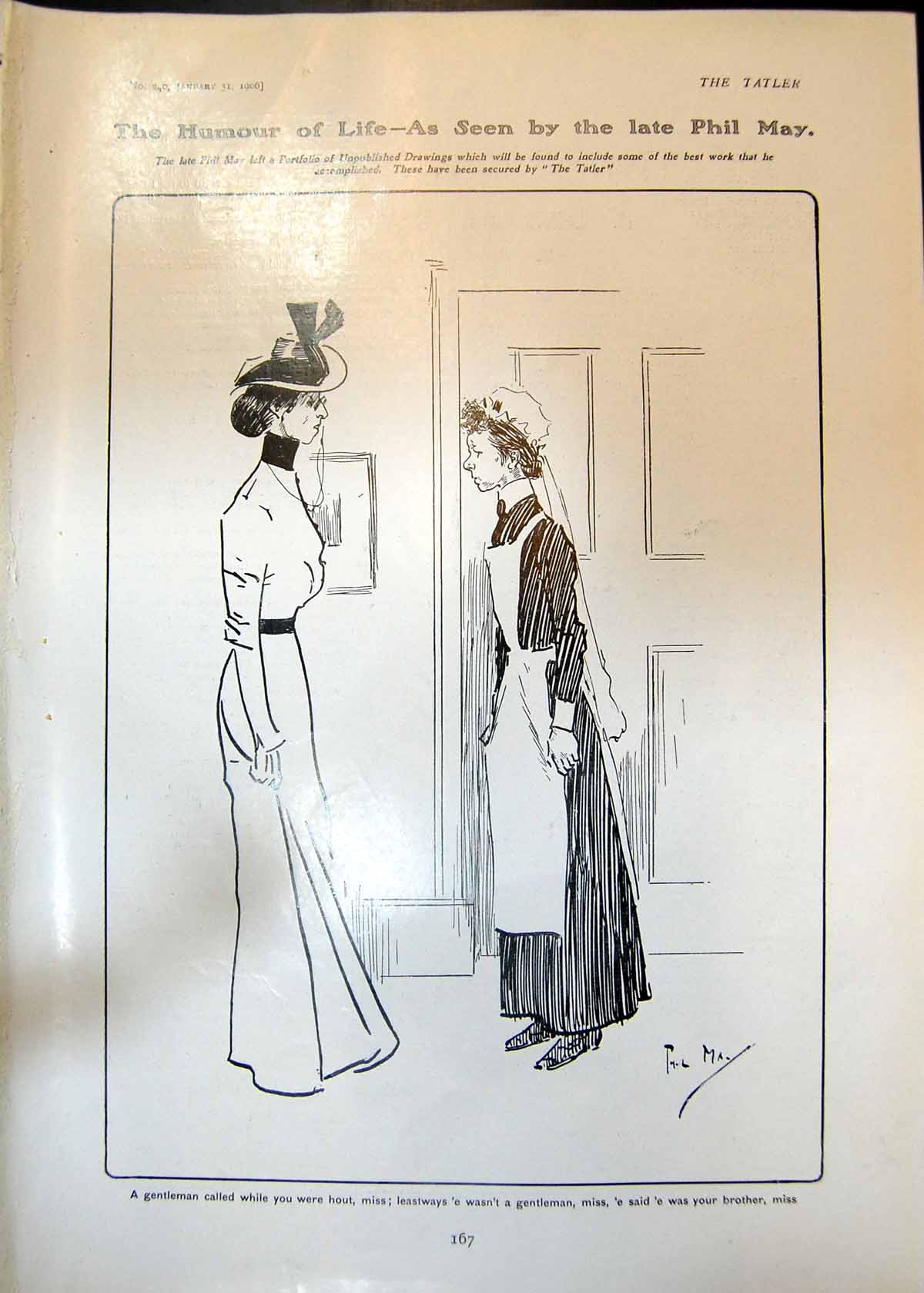 Original Old Antique Print Humour Life Phil May Maid Lady Sleigh Girl 1906 20th