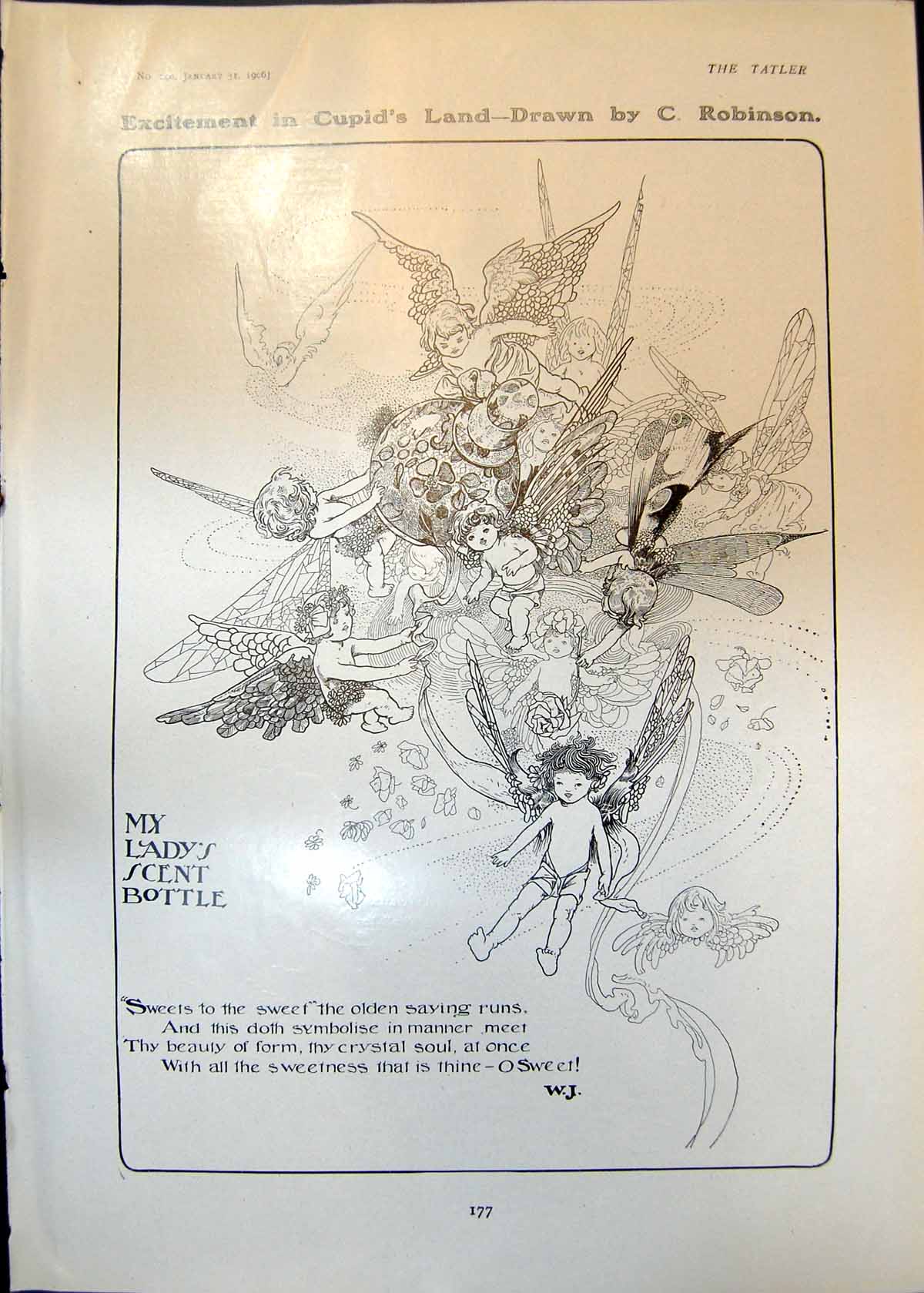 Old Print Cupids Land C Robinson Ladys Scent Bottle Eugene Stratton 1906 20th