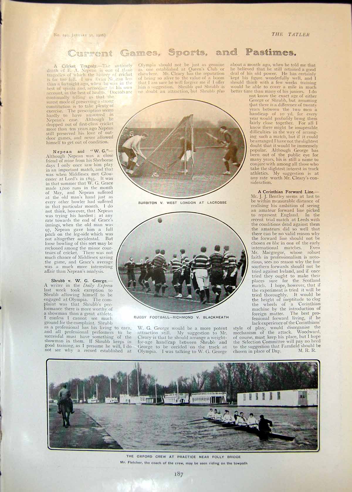 Old Rugby Richmond V Blackheath Oxford Crew Folly Bridge Coatee 1906 20th
