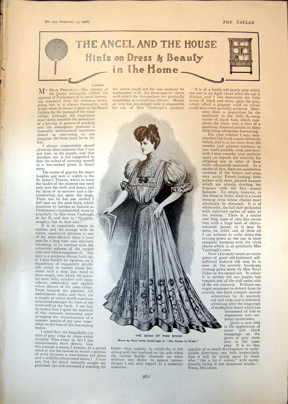 Antique Old Print Gown Pink Ninon Worn Irene Vanbrugh Strategy Problem 1906