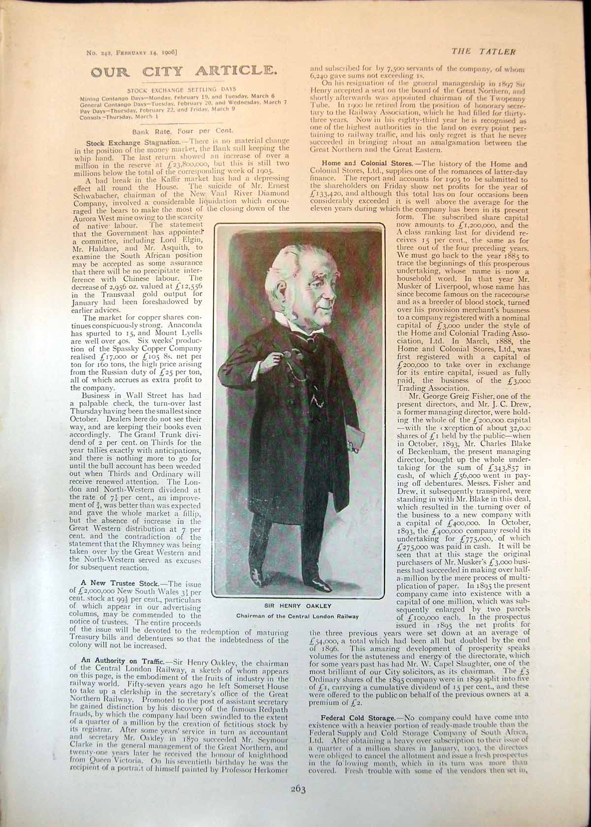Antique Old Print Sir Henry Oakley Harbour Lobito Bay Benguella Railway 1906