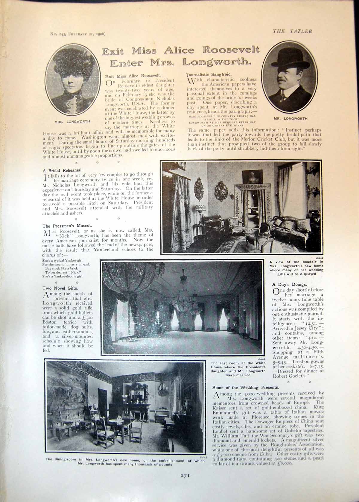Old Alice Roosevelt Mr Longworth Married White House Lady Weldon 1906 20th