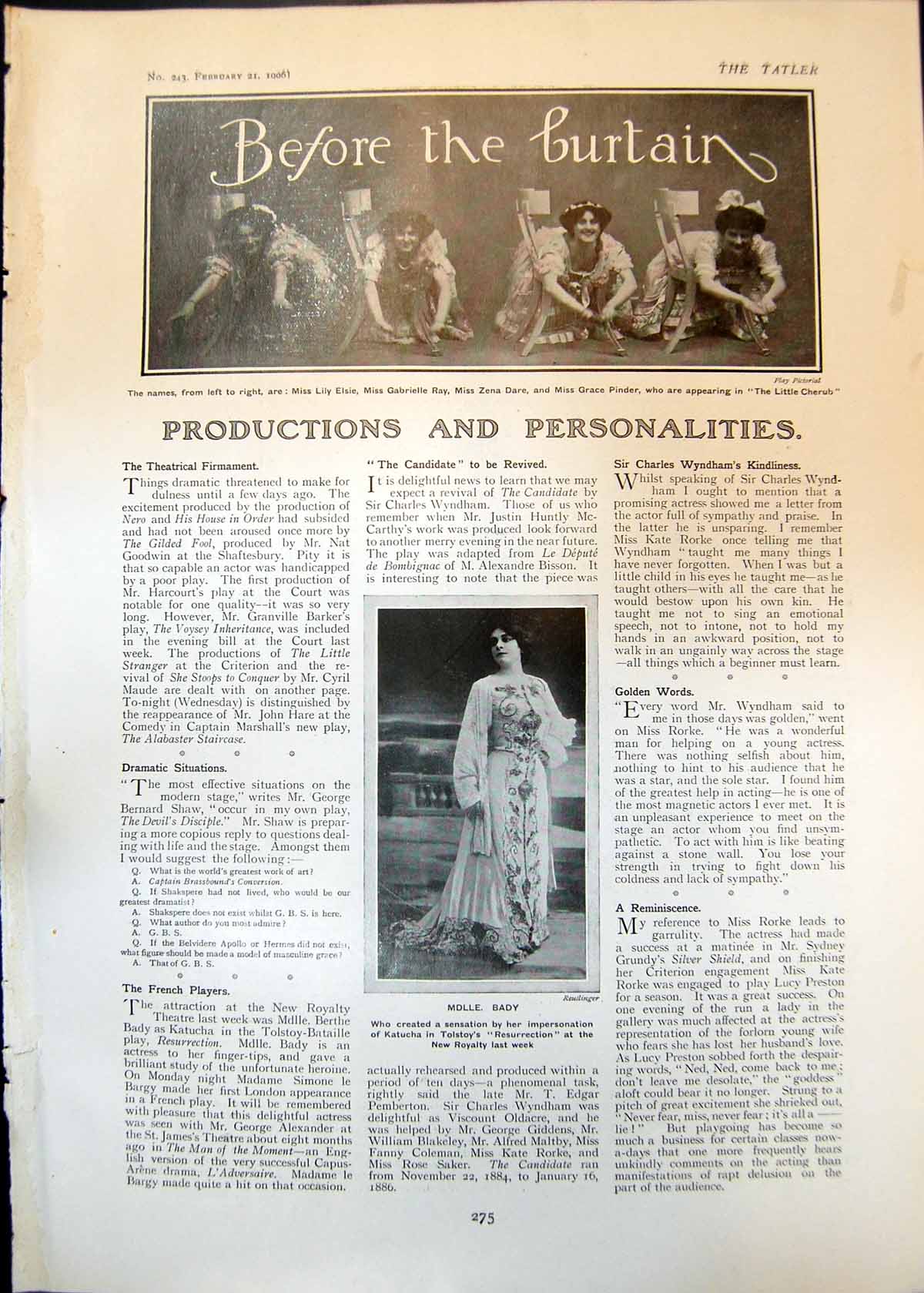 Old Print Mdlle Bady Resurrection Evie Green Fred Kaye Little Cherub 1906 20th