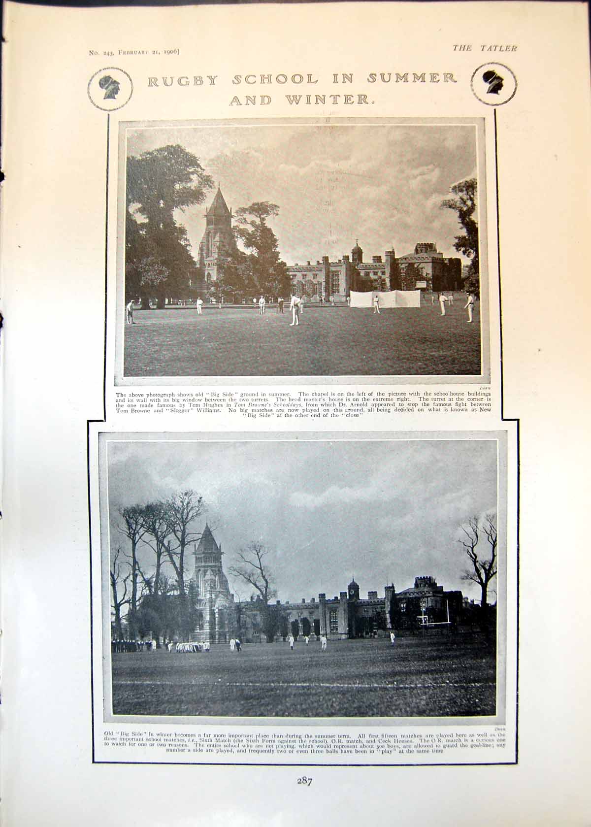 Old Print Rugby School Summer Winter Merry Go Round De Broke Richley 1906 20th