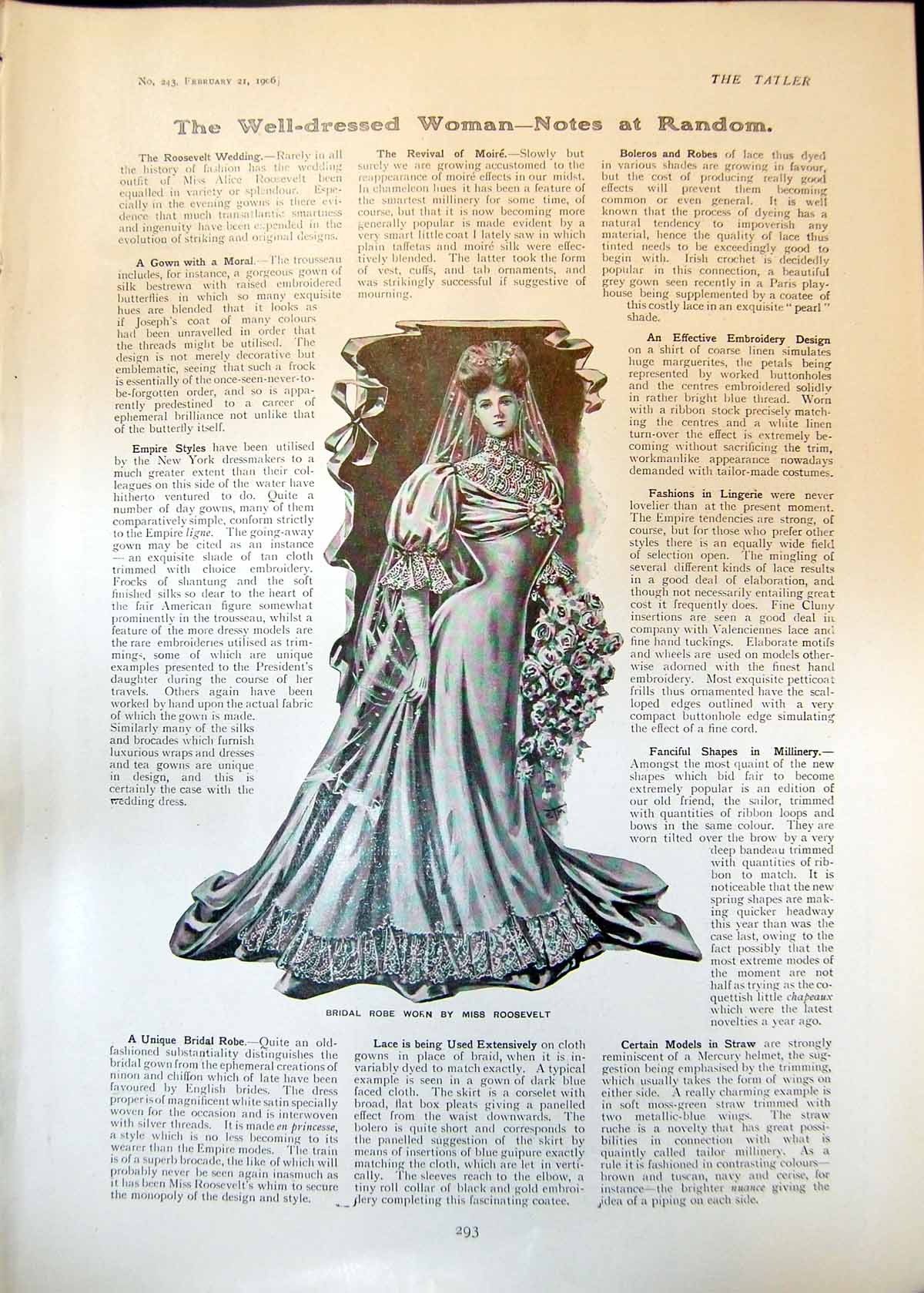 Old Antique Print Bridal Robe Worn Miss Roosevelt Strategy Problem 1906 20th