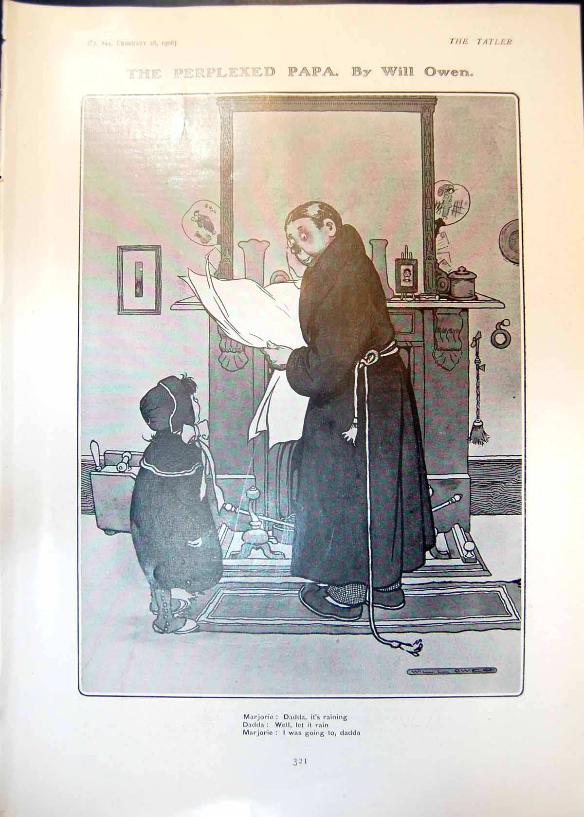 Antique Old Print Perplexed Papa Will Owen Marjorie Dadda Let It Rain 1906 20th