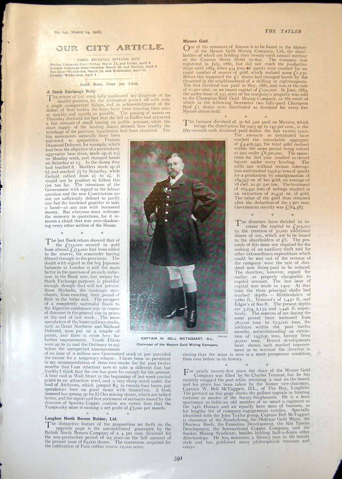 Antique Old Print Capt W Bell Mctaggart Mysore GMining Sir Alfred Newton 1906