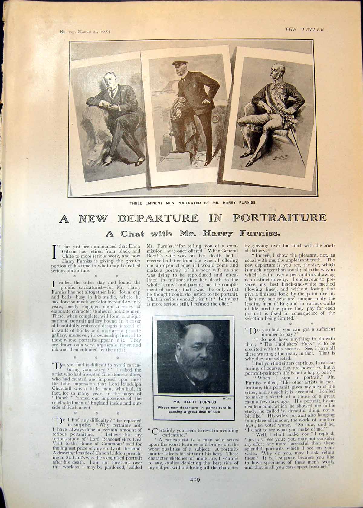 Old Print Harry Furniss Three Eminent Men Collastuda Charles Folkard 1906 20th