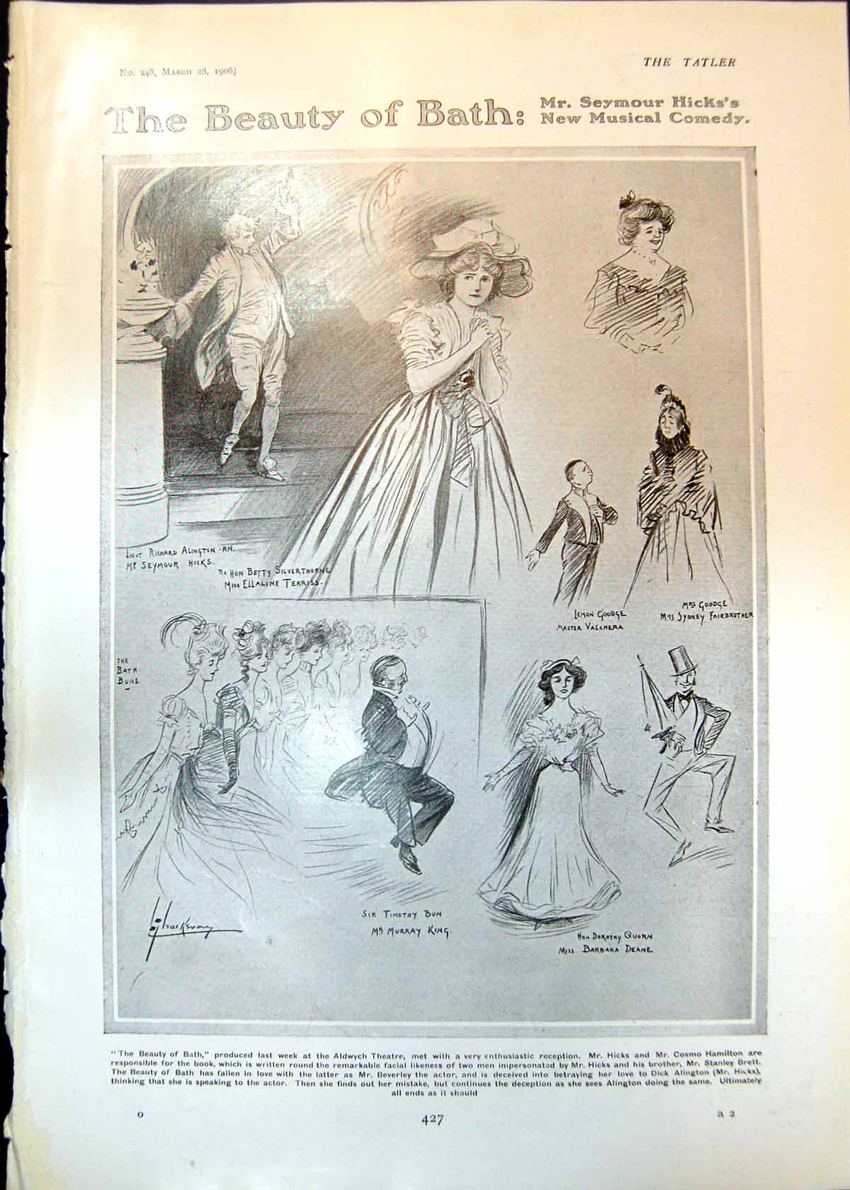 Old Print Beauty Bath Aldwych Theatre Seymour Hicks Ellaline Terriss 1906 20th