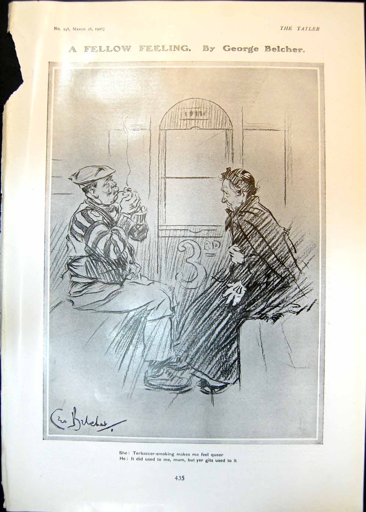 Old Print Fellow Feeling George Belcher Smoking Don Quixote Phil May 1906 20th