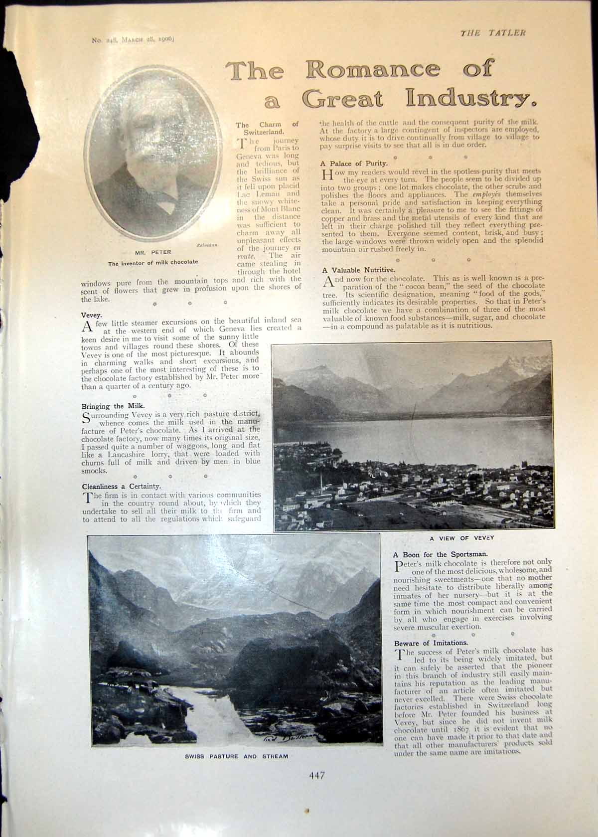 Old Print Mr Peter Milk Chocolate Vevey Switzerland Cambridge Union 1906 20th