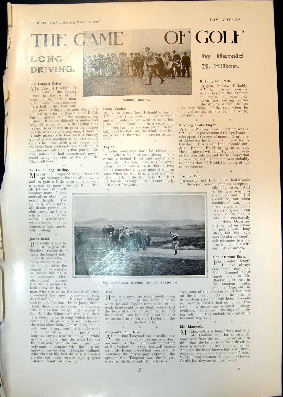 Antique Print Golf Vardon Blackwell Sandwich Lincoln Meeting Huntsmen 1906 20th