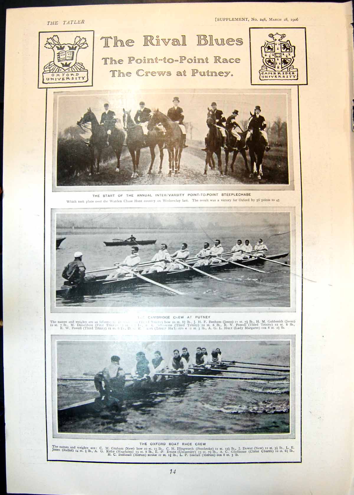 Antique Print Rival Blues Steeplechase Cambridge Crew Oxford Boat Crew 1906