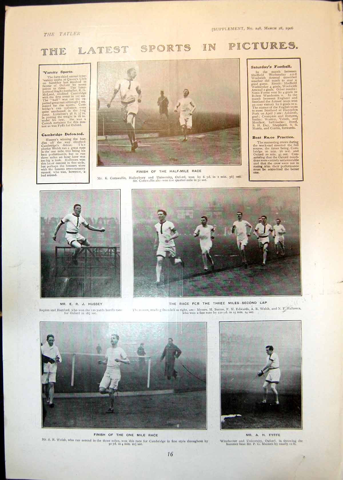 Antique Print Varsity Sports Race Three Miles E Hussey A Welsh A Fyffe 1906