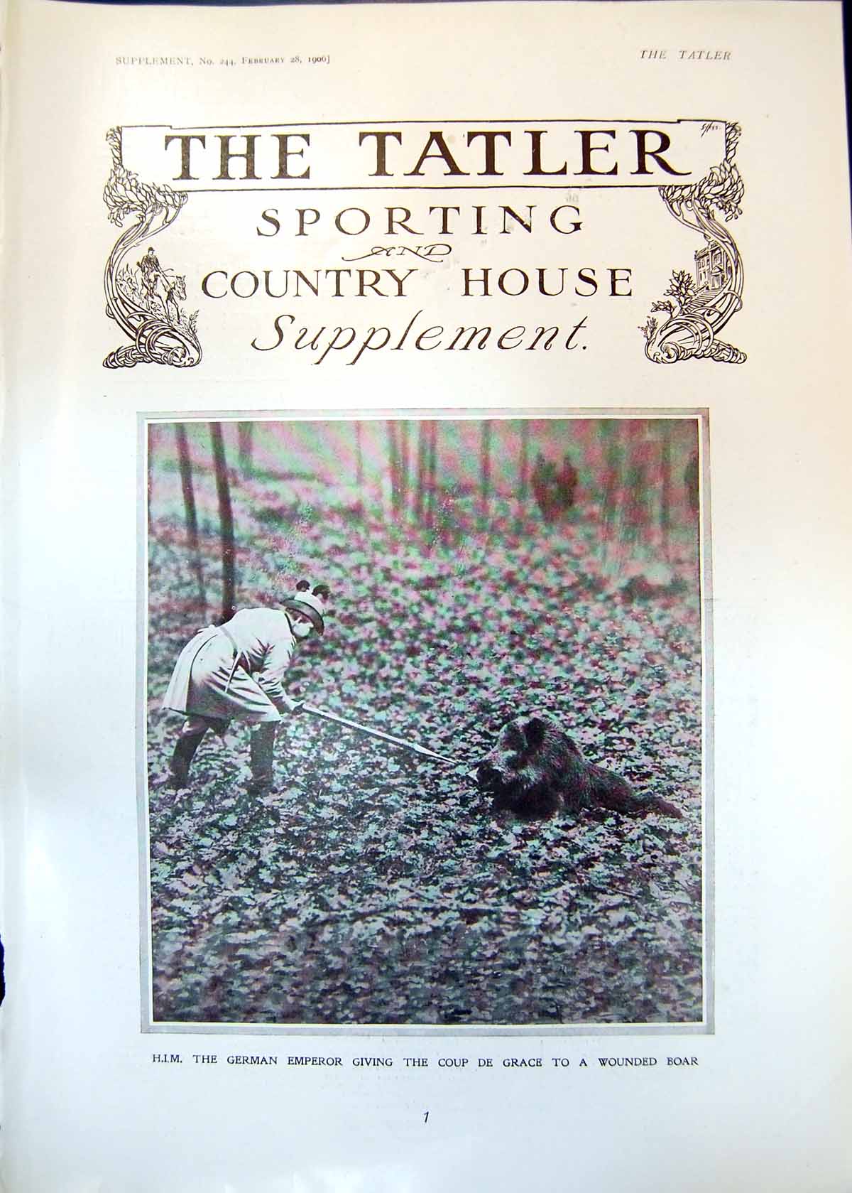 Antique Old Print H I M German Emperor Giving Coup De Grace Wounded Boar 1906