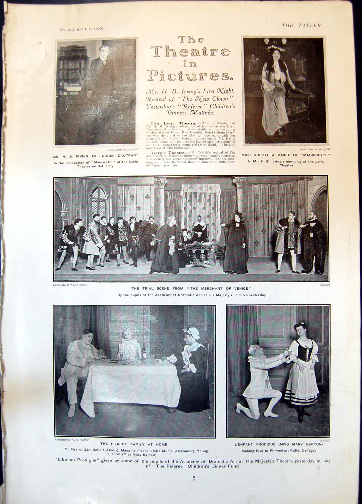 Antique Old Print Merchant Venice H Irving Dorothea Baird Mdlle Avorska 1906