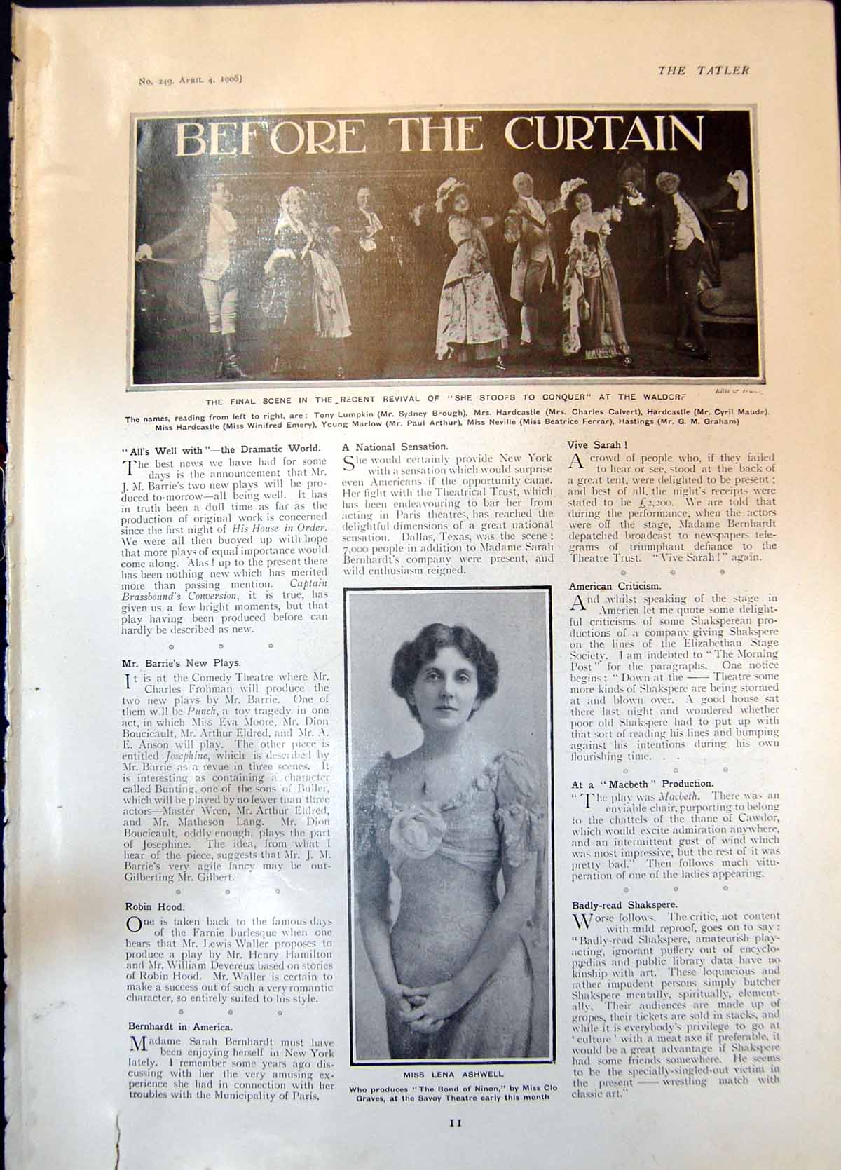 Antique Old Print She Stoops To Conquer Lena Ashwell Heir At Law Waldorf 1906