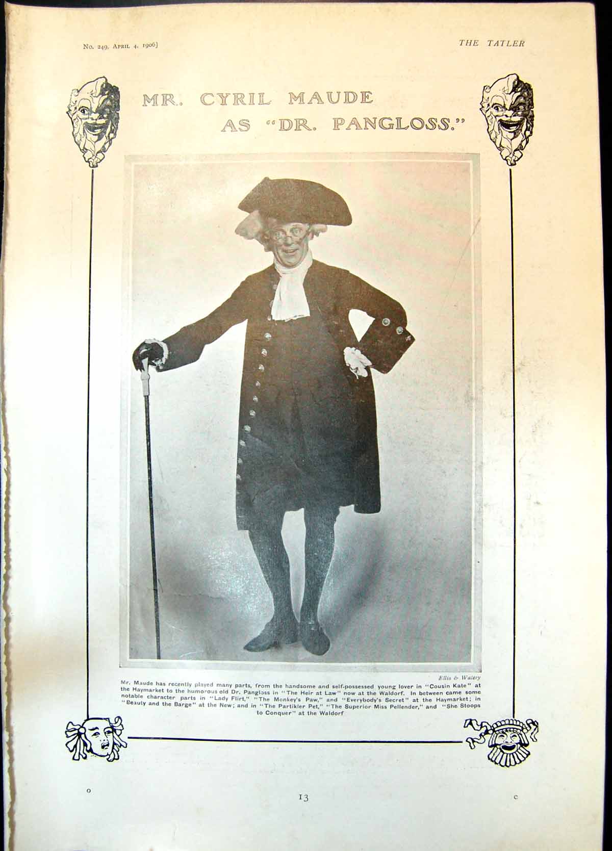 Antique Old Print Cyril Maude Dr Pangloss Oscar Asche Angelo Deputy Duke 1906