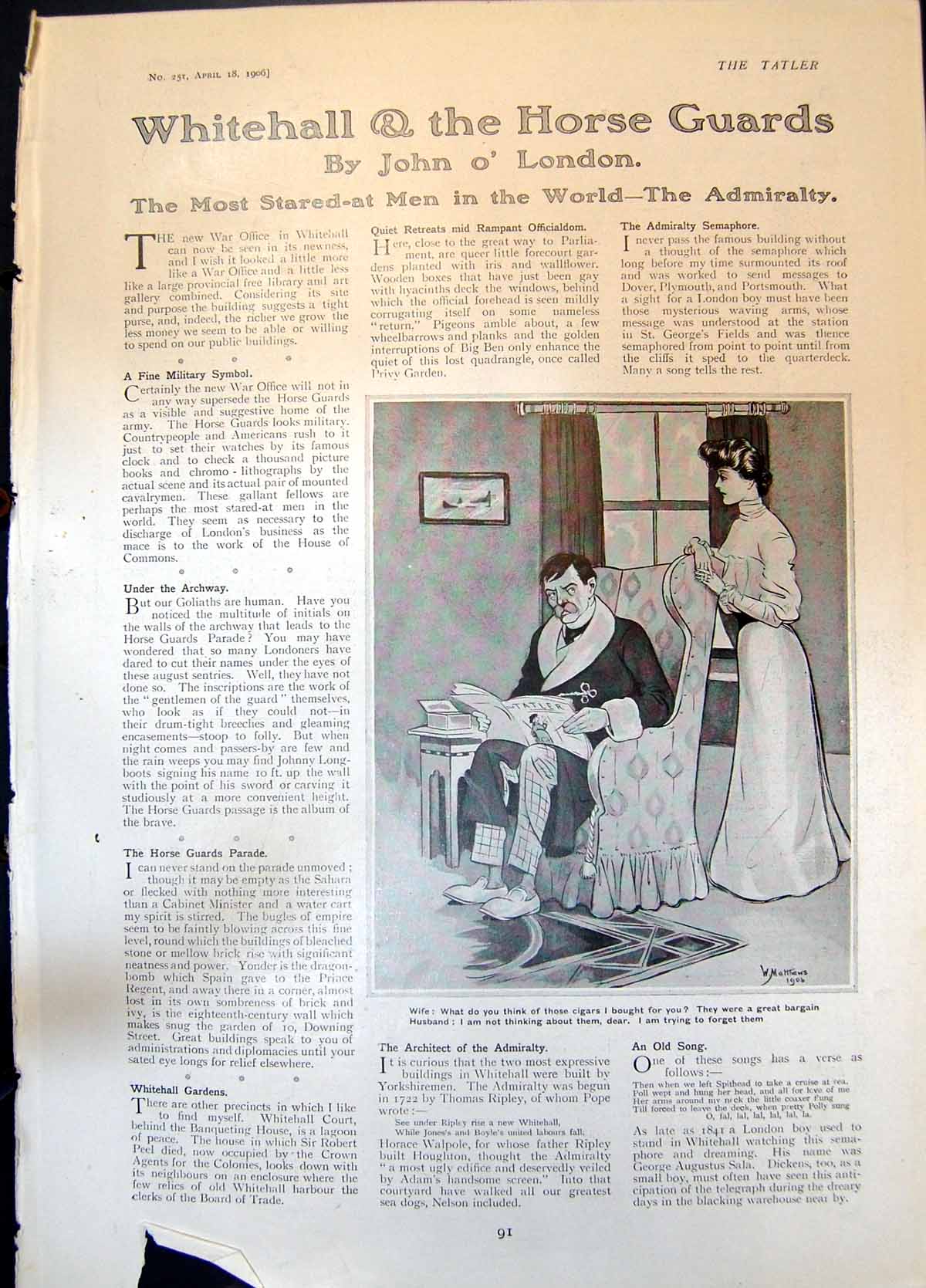 Original Old Antique Print Humour Husband Wife Cigars 20 Hp Dennis Car 1906