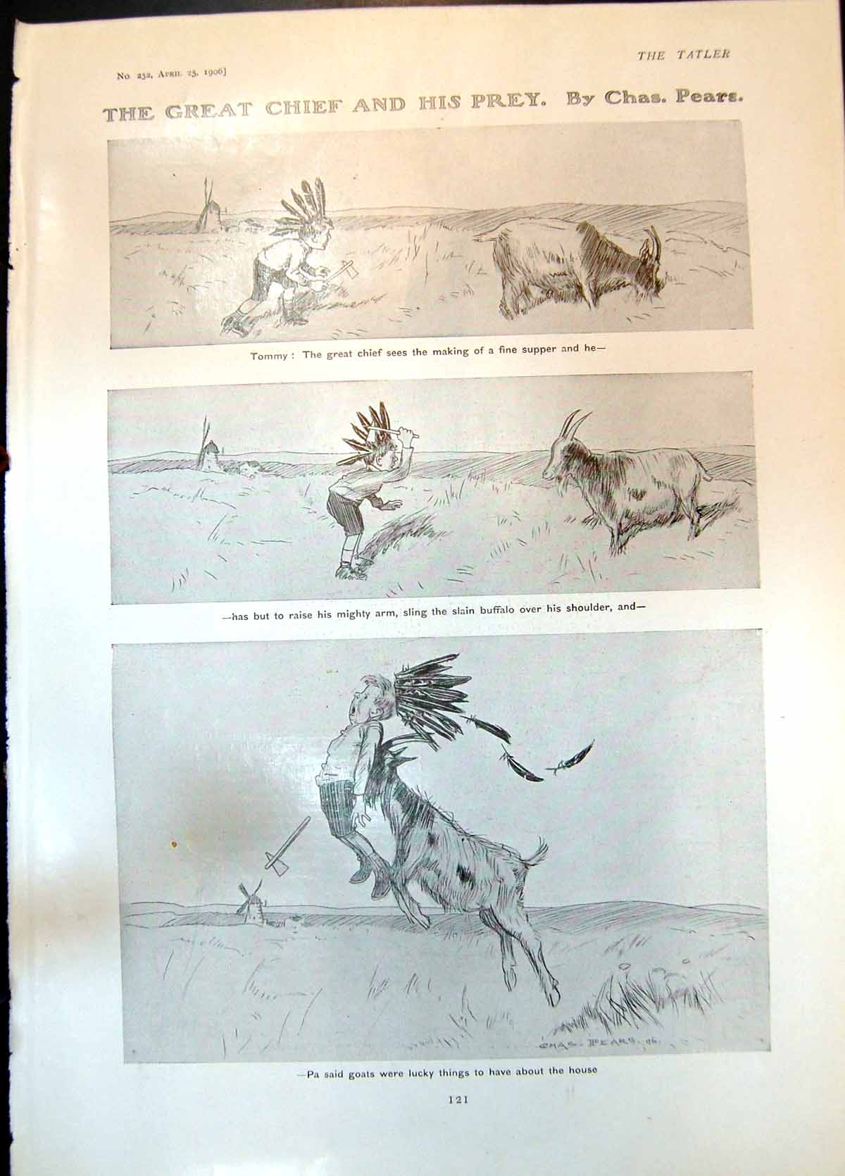 Antique Old Print Great Chief Prey Chas Pears Tommy Slain Buffalo Goat 1906
