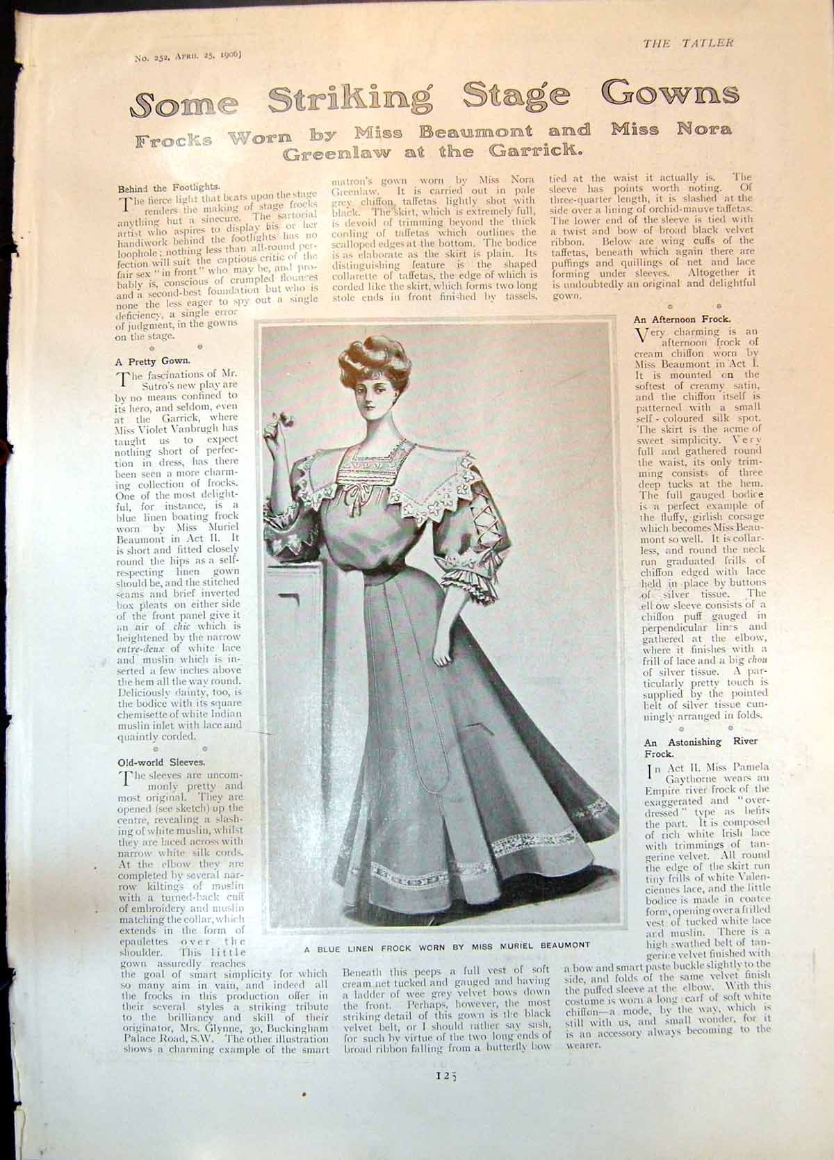 Original Old Antique Print Stage Gowns Worn Muriel Beaumont Nora Greenlaw 1906