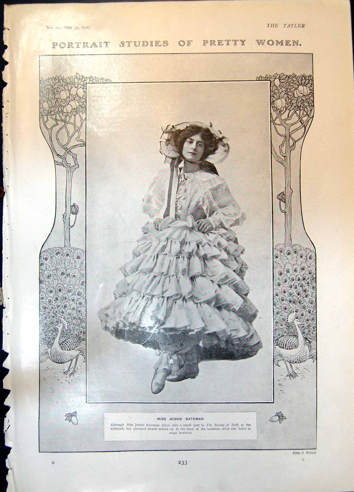 Old Antique Print Jennie Bateman Beauty Bath Aldwych Marie Tempest 1906 20th