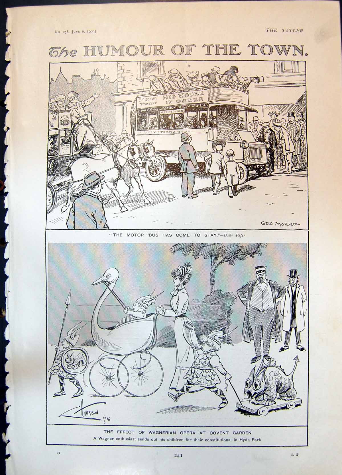 Antique Old Print Humour Motor Bus Effect Wagnerian Opera Covent Garden 1906