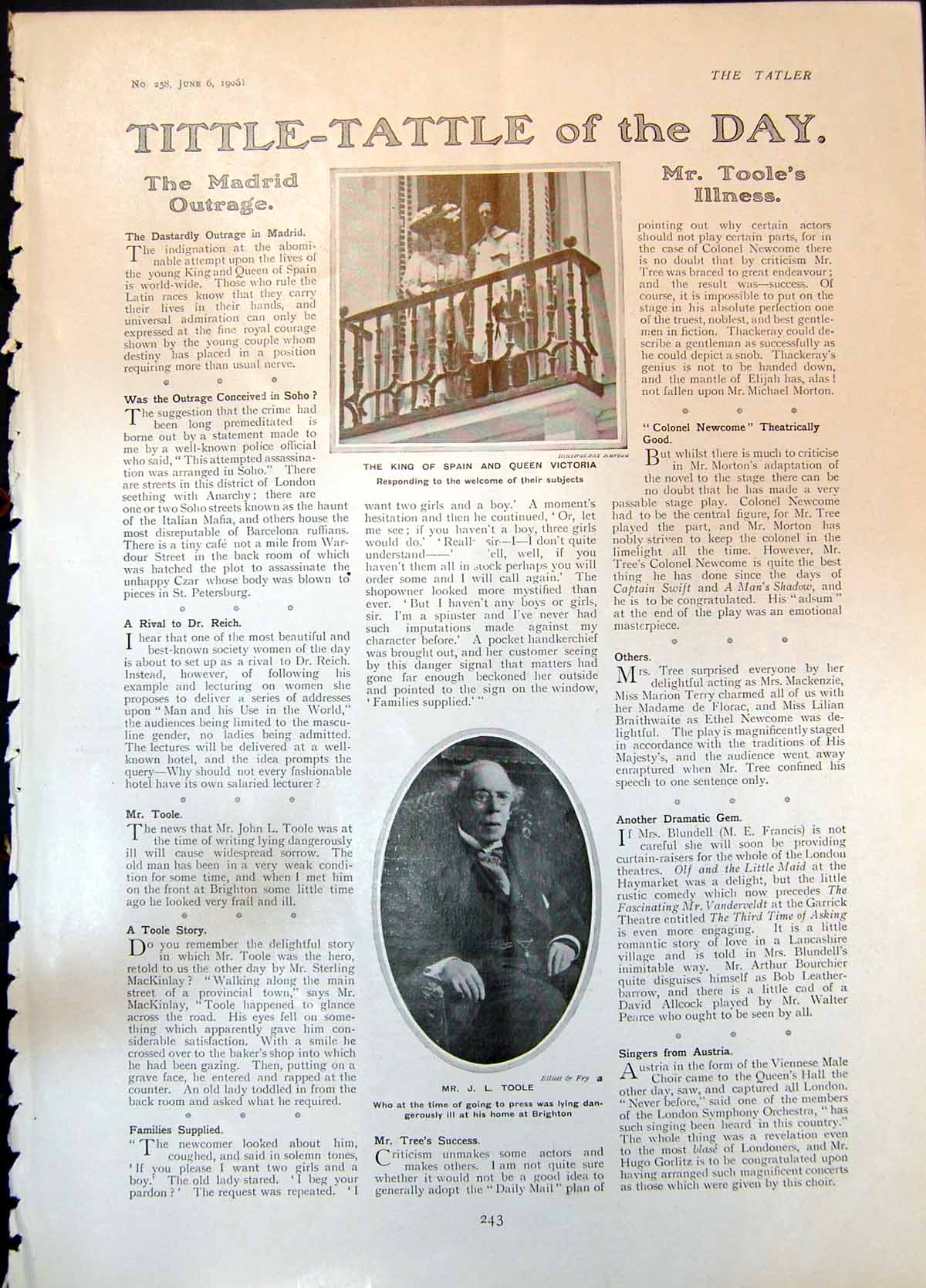 Antique Old Print King Spain Queen Victoria Mr J L Toole Ill Brighton 1906 20th