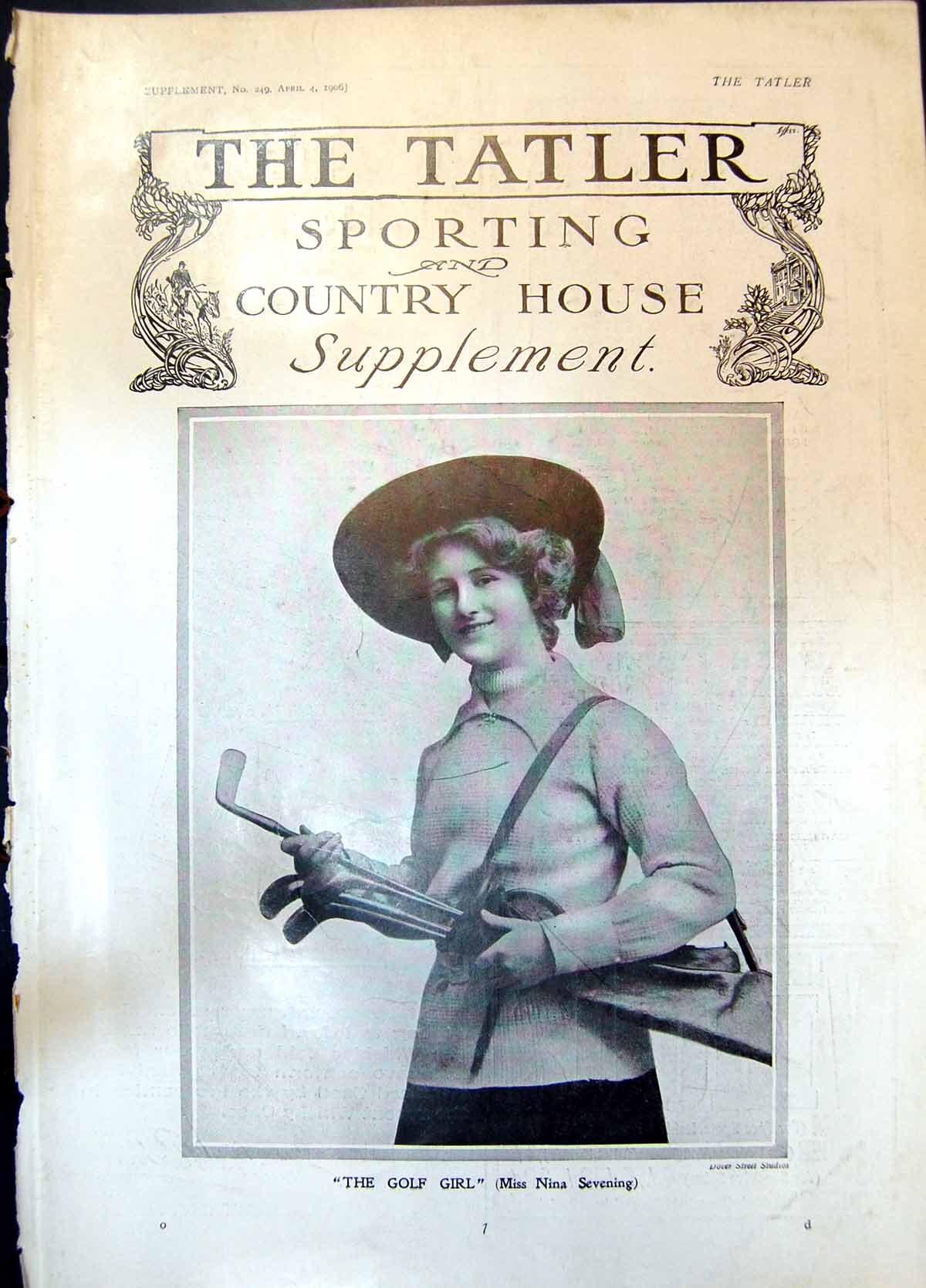 Original Old Antique Print Golf Girl Clubs Miss Nina Sevening 1906 20th Century