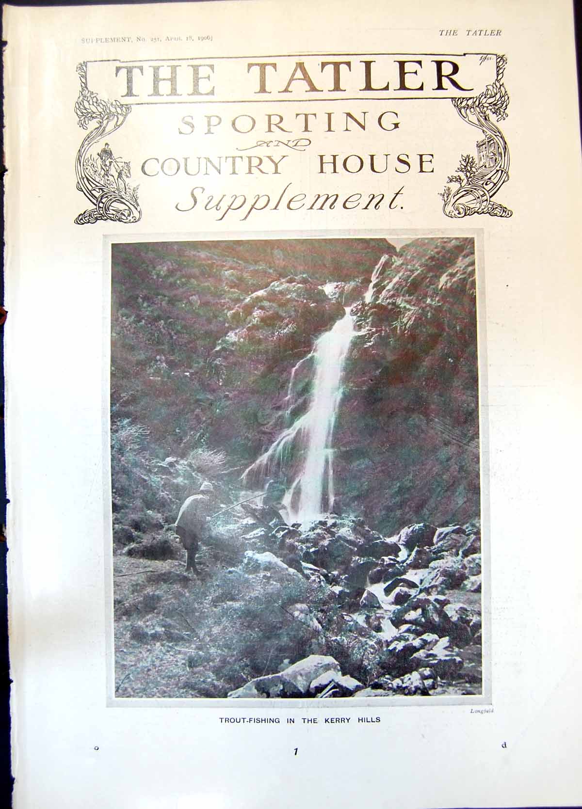 Original Old Antique Print Trout Fishing In Kerry Hills Waterfall 1906 20th