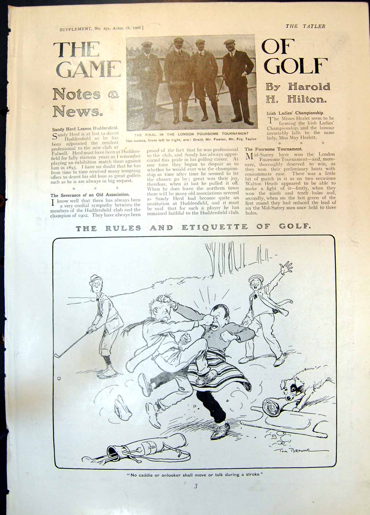 Old Print Golf Braid Fowler Fry Taylor London Foursome Walton Heath 1906 20th