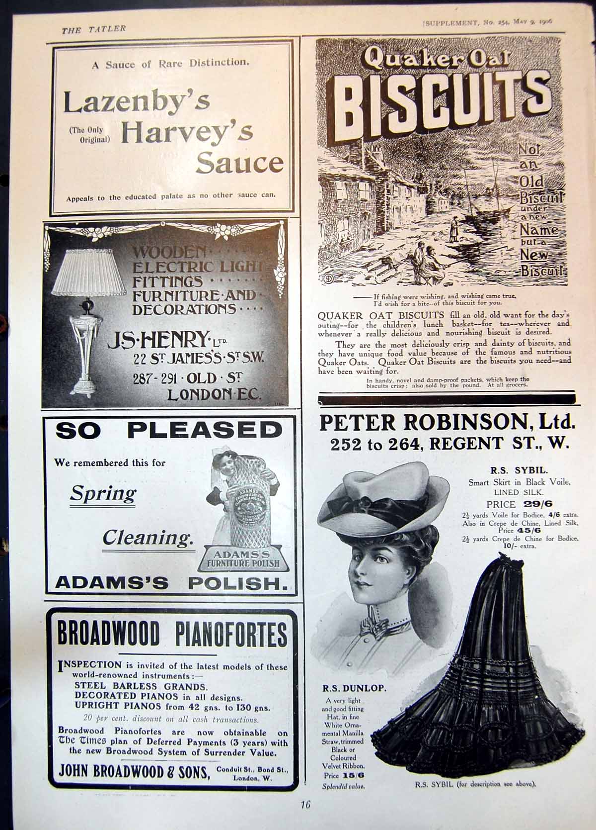 Old Quaker Oat Biscuits Lazenbys Harveys Sauce Broadwood Pianos 1906 20th