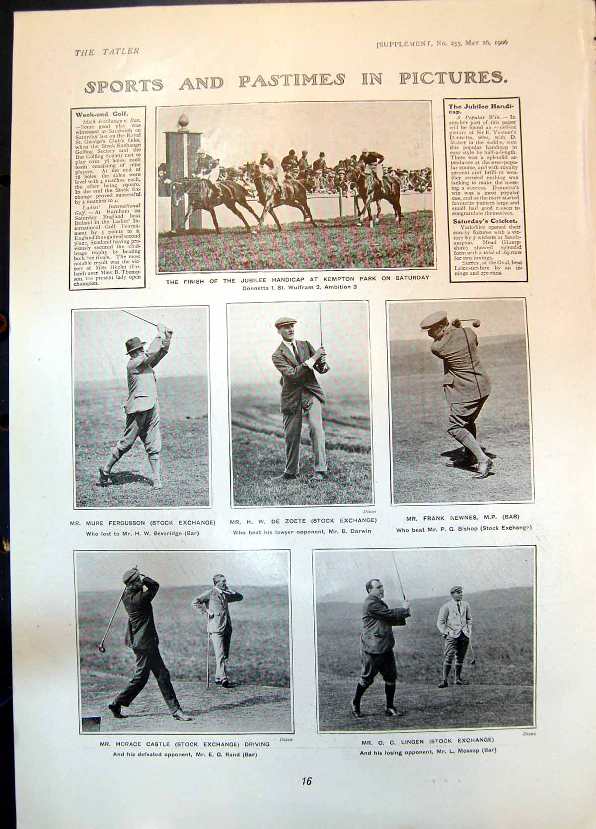 Antique Old Print Jubilee Handicap Kempton Park Golf Stock Exchange Bar 1906
