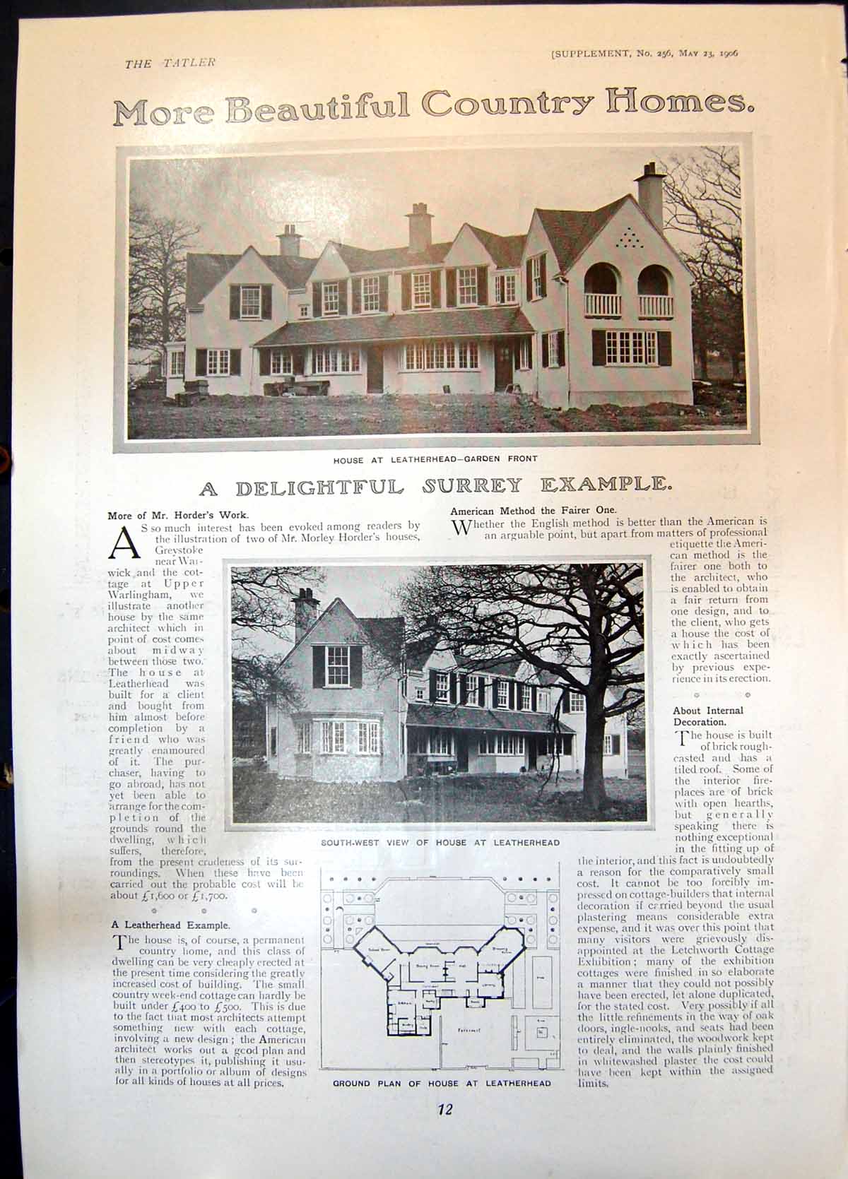 Antique Old Print House Leatherhead Garden Front Ground Plan S West View 1906