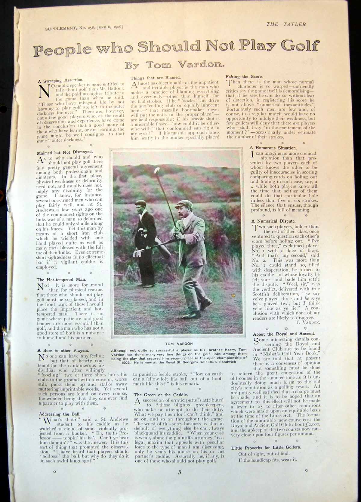 Old Antique Print Tom Varden Golfer Sandwich Captain Wynard Cricket 1906 20th