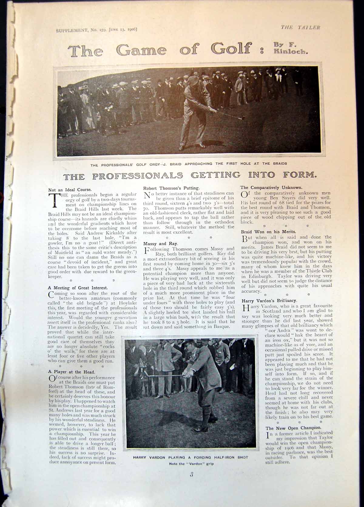 Old Print Golf J Braid Harry Vardon Caragh Lake Co Kerry Cloone Lake 1906 20th